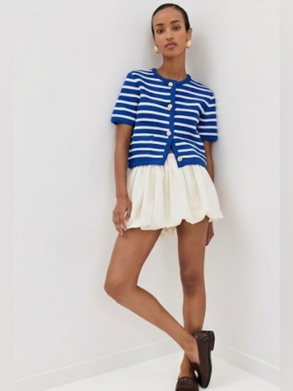 English Factory NEW Blue White Striped Short Sleeve Knit Cardigan Sweater L